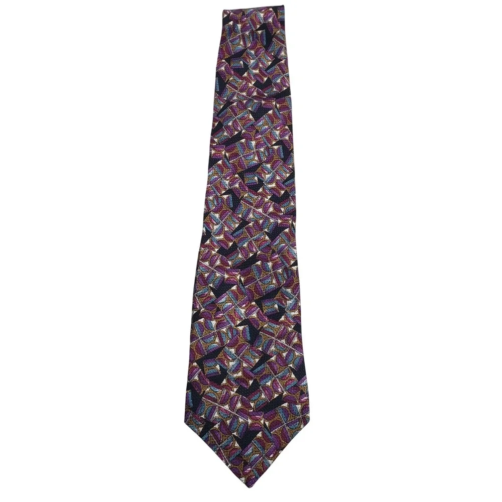 Martin Wong Mens Silk Geometric Abstract Necktie OS Purple Teal Gold